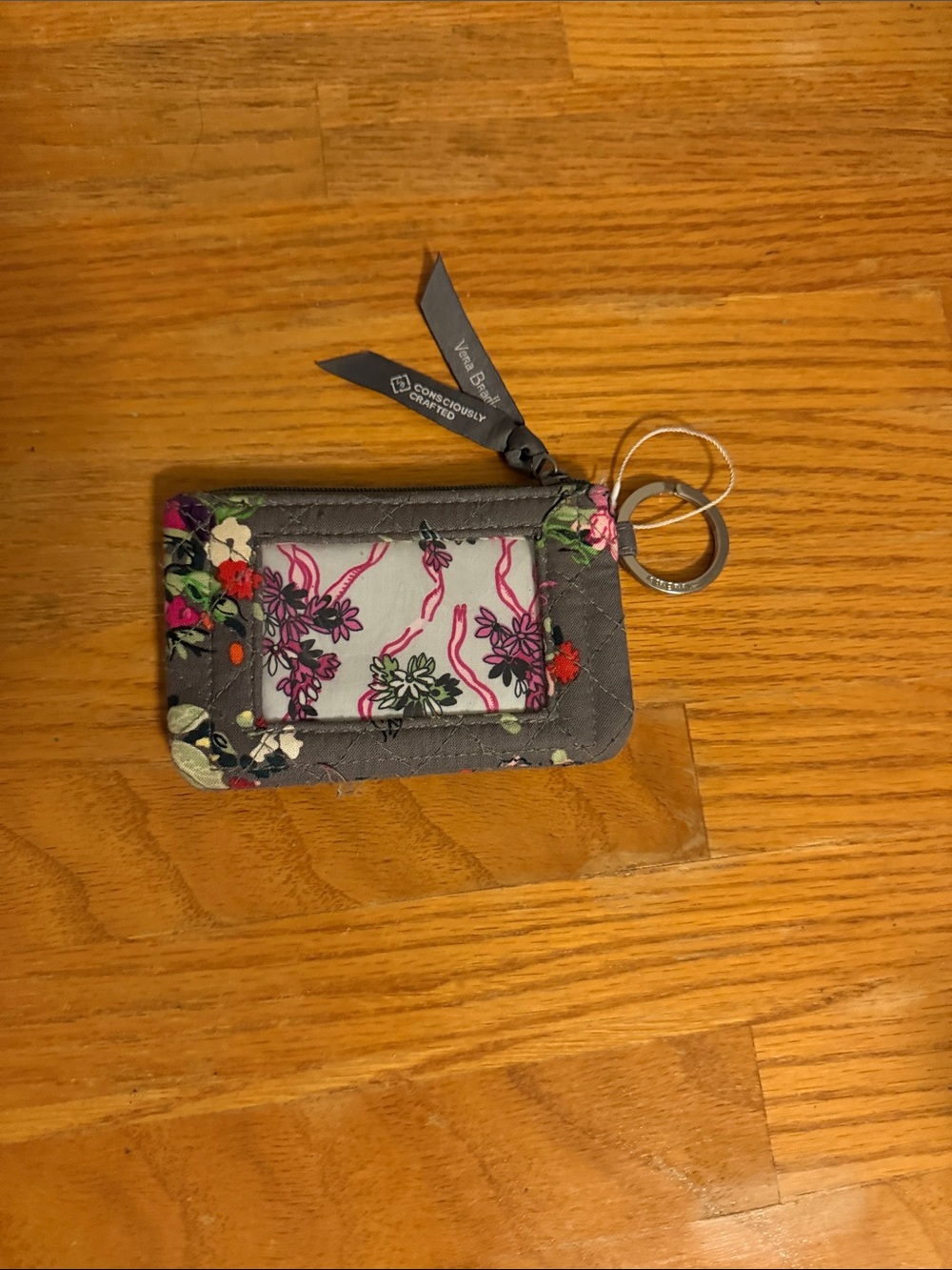 Vera Bradley Gray Floral ID Wallet Keyring with Pink & Green Accents